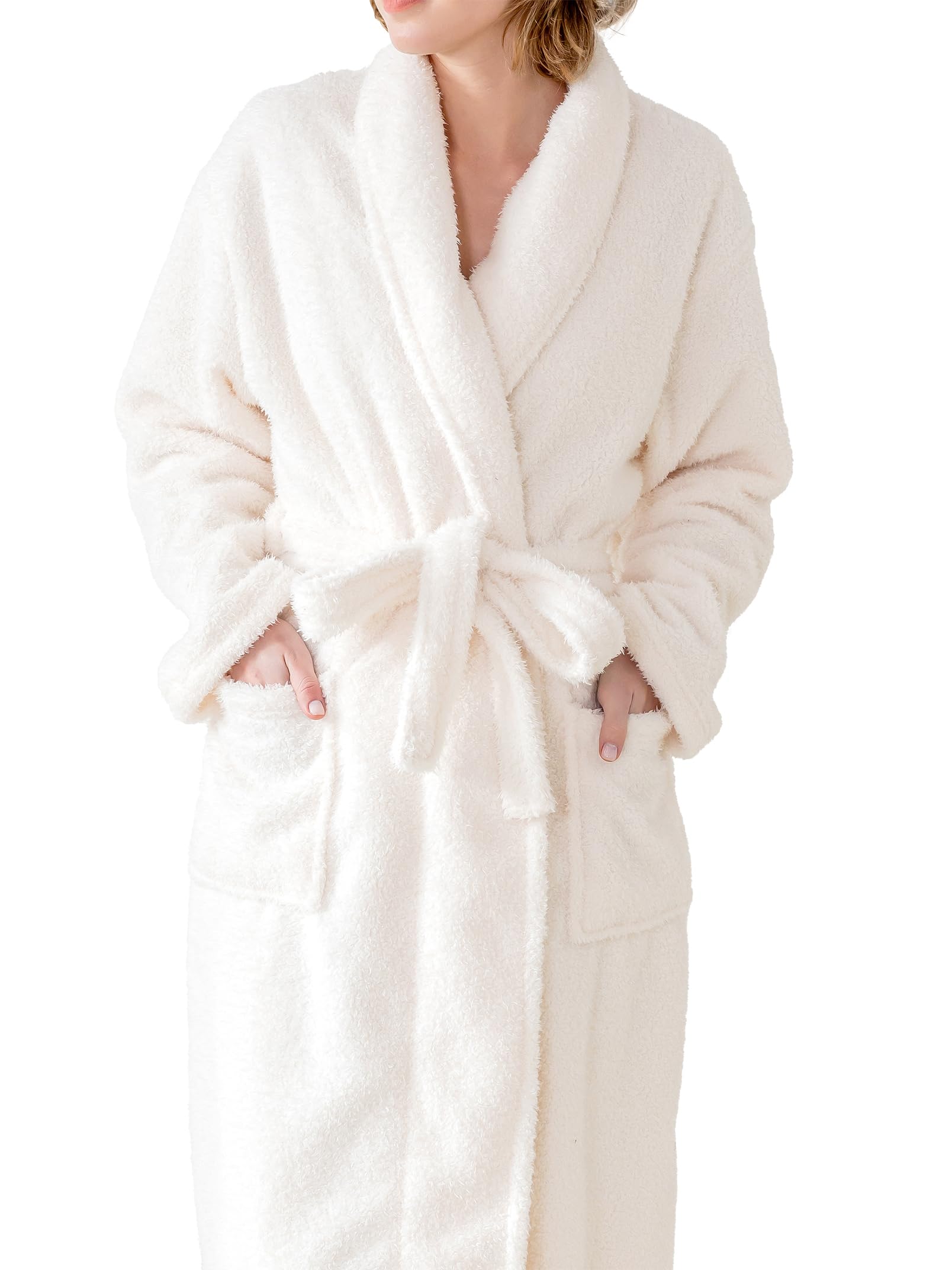 KORBLISS Robes for Women – Premium Plush Fleece Long Bathrobe for Women with Shawl Collar, Soft Warm Womens Robe with Pockets and Belt, White, Large