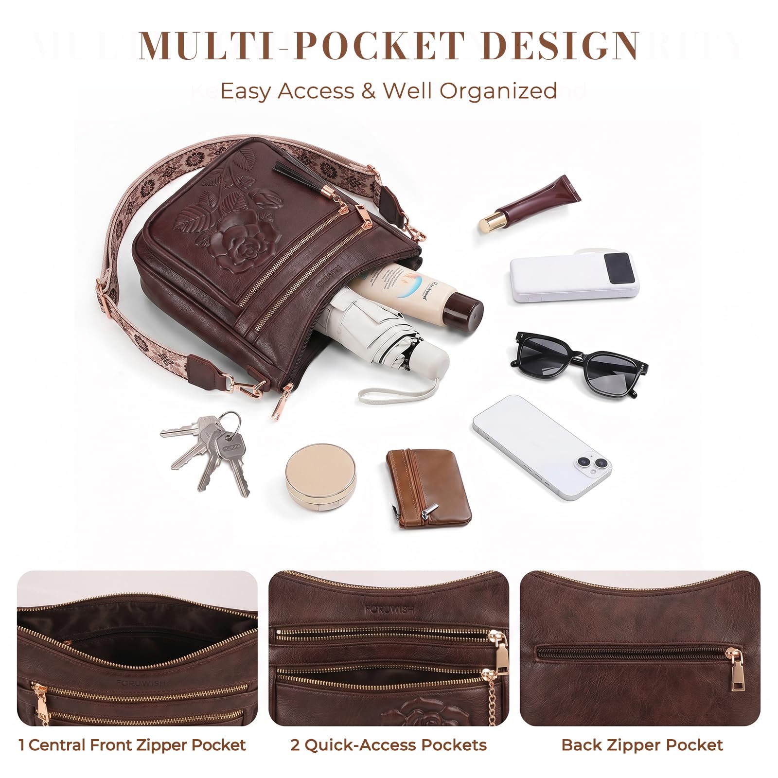 FORUWISH Crossbody Bags for Women, Vegan Leather coffee Crossbody Purse, Multiple Pocket Everyday Travel Shoulder Bag with Boho Strap