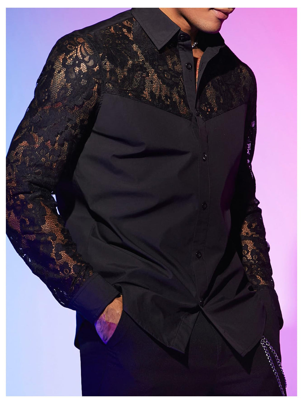 WDIRARA Men's Floral Lace Button Down Shirt See Through Long Sleeve Collared Top Sexy Clubwear Black X-Large