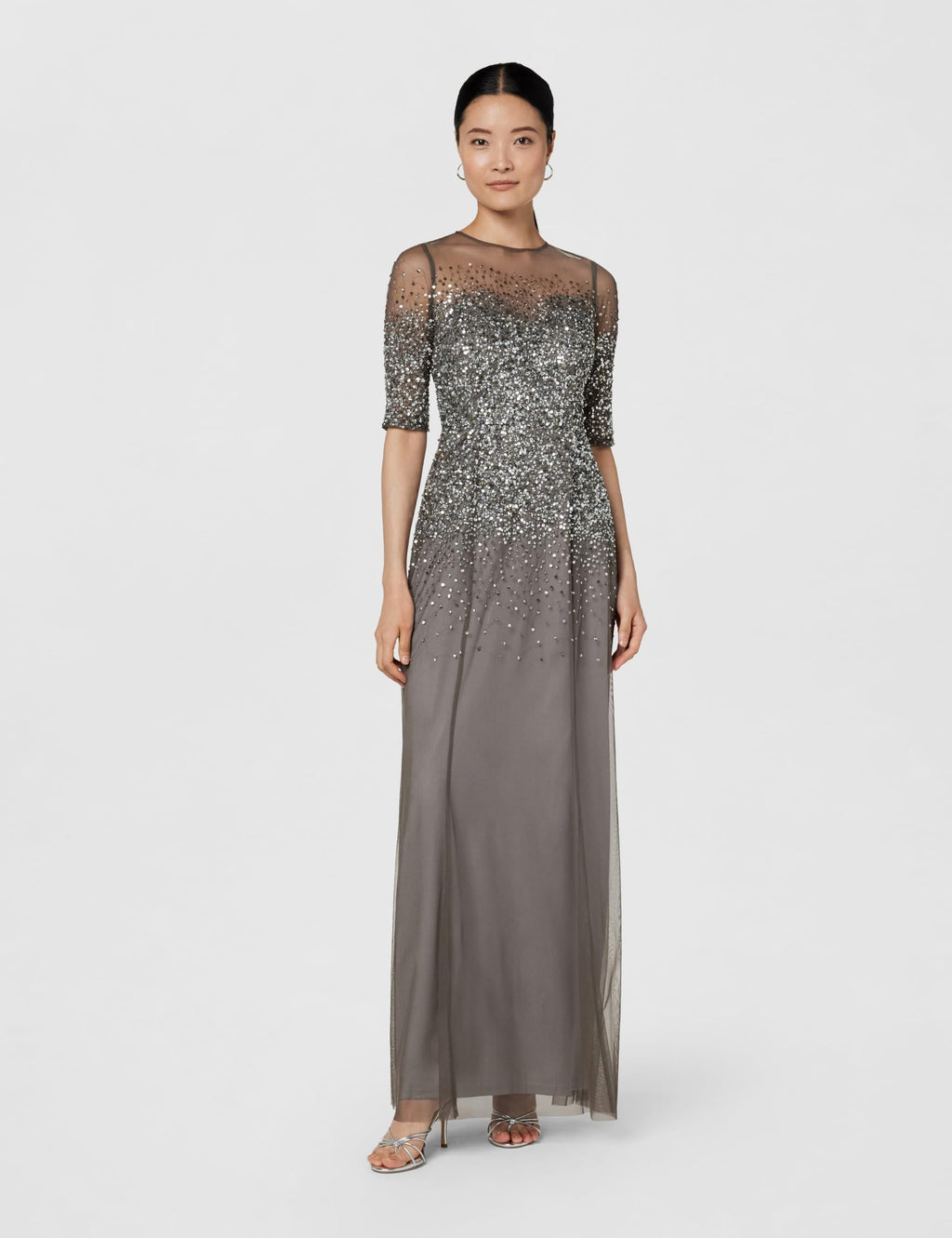 Adrianna Papell Women's 3/4 Sleeve Beaded Illusion Gown with Sweetheart Neckline, Lead, 6