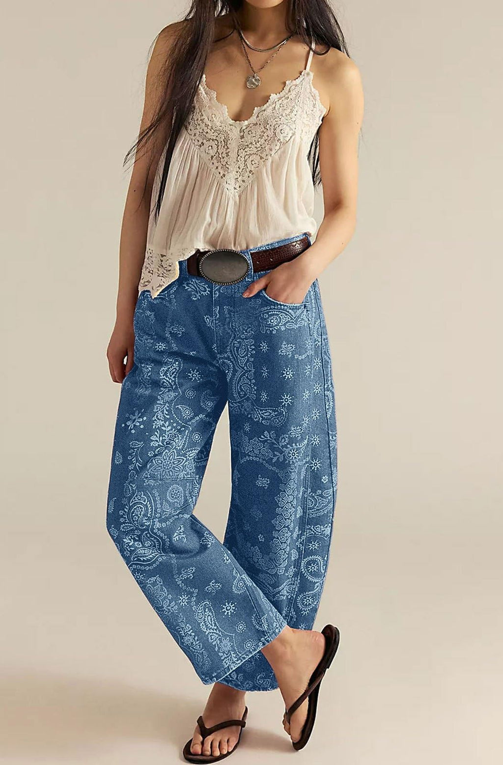loveimgs Women Boyfriend Baggy Barrel Jeans Floral Print Denim Ankle Pants Wide Leg Mid Rise Jeans Sweatpants Y2k Patchwork (X-Small,Blue)