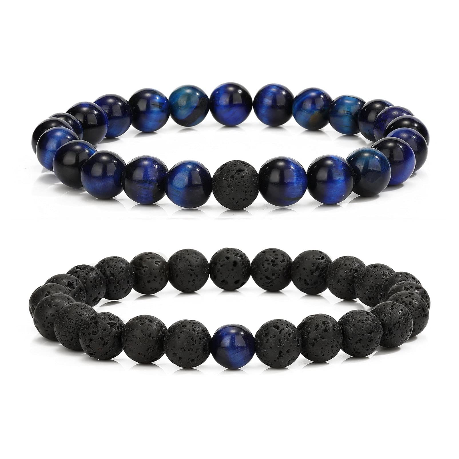 MengPa Mens Beaded Bracelets Couples Matching Bracelet Set Lava Rock Beads for Women Stone Jewelry(Tiger Eye-Blue) US4163T