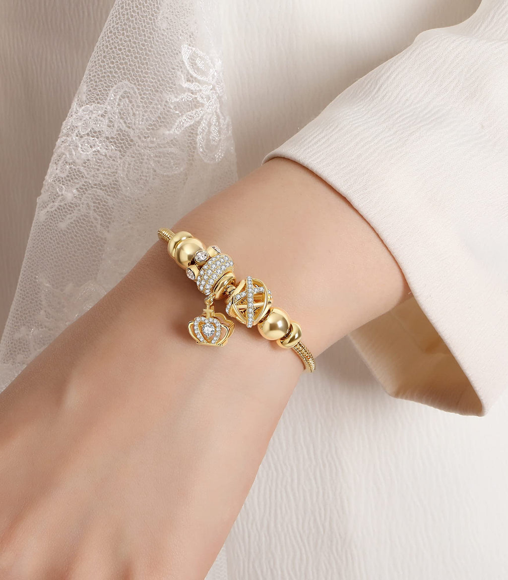 RIMAYZI 14K Gold Plated Charm Bracelet for Women, Women's Charm Symbol Bracelets, Gifts for Mother's Day, Mom, Her, Wife(Golden Crown)