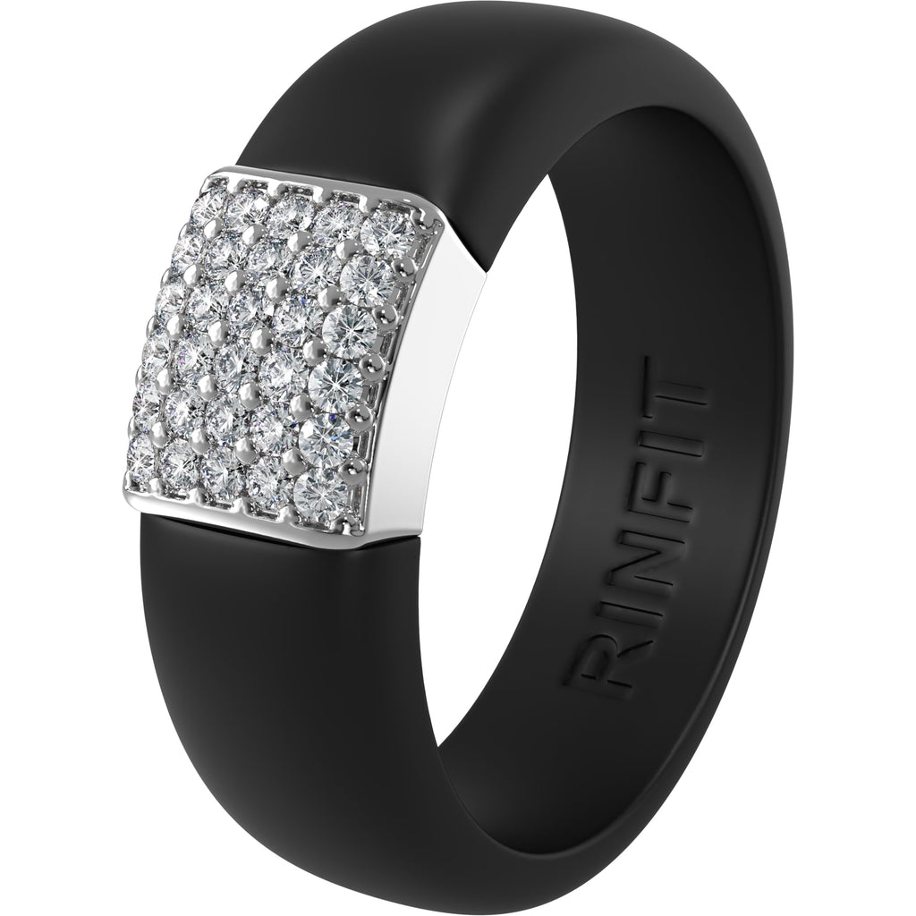 Rinfit Womens Silicone Wedding Ring - Engagement Ring for Women - Promise Rings for Her with Cubic Zirconia - Black & Silver, Size 7