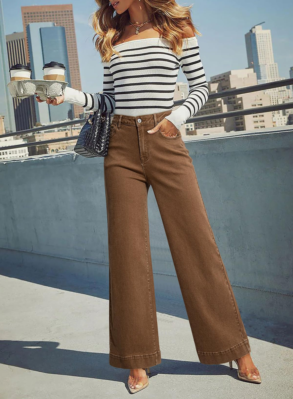 Dokotoo Women's Jeans for Women Wide Leg Stretch Denim Pants Brown Size 10
