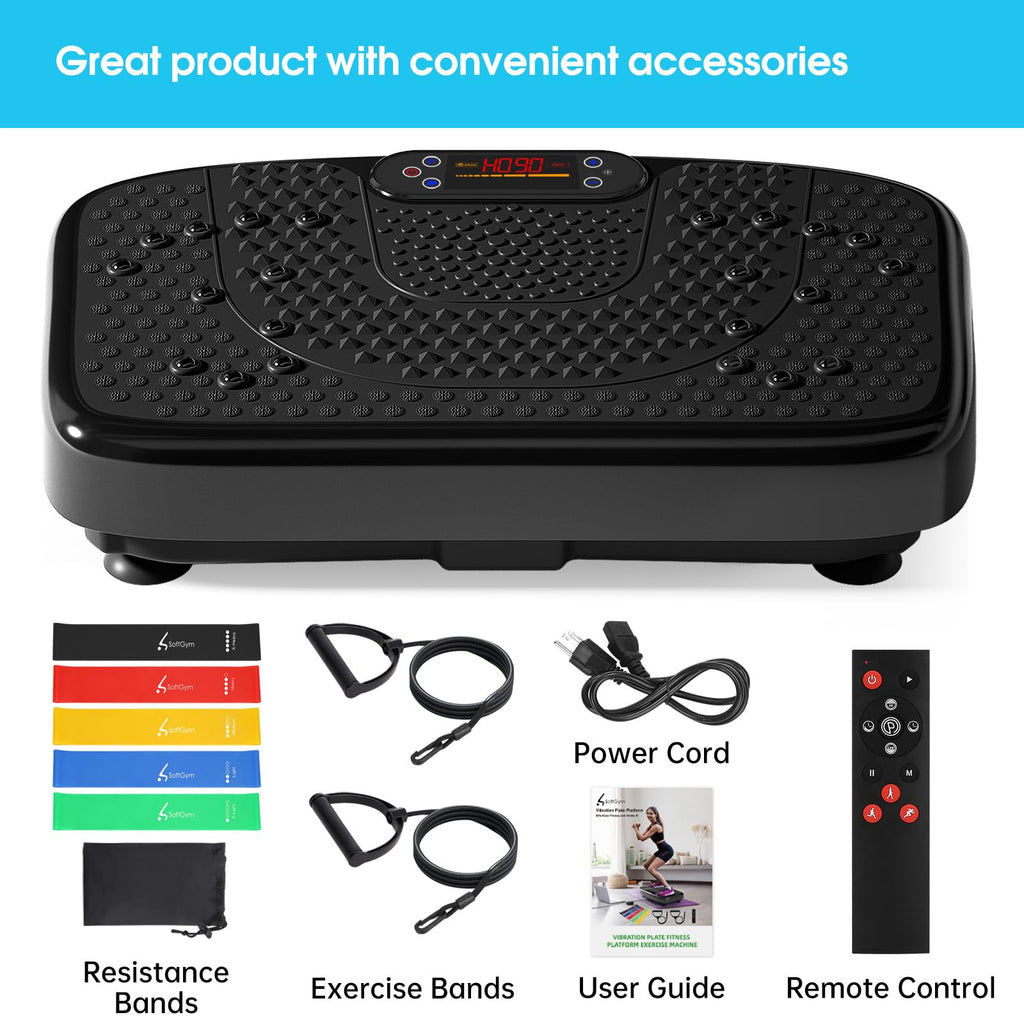 SoftGym Vibration Plate Exercise Machine for Lymphatic Drainage,Power Vibrate Stand Shake Board 450 Lbs Capacity Whole Body Workout Waver with Resistance Bands Weight Loss Gifts for Women Men-Black