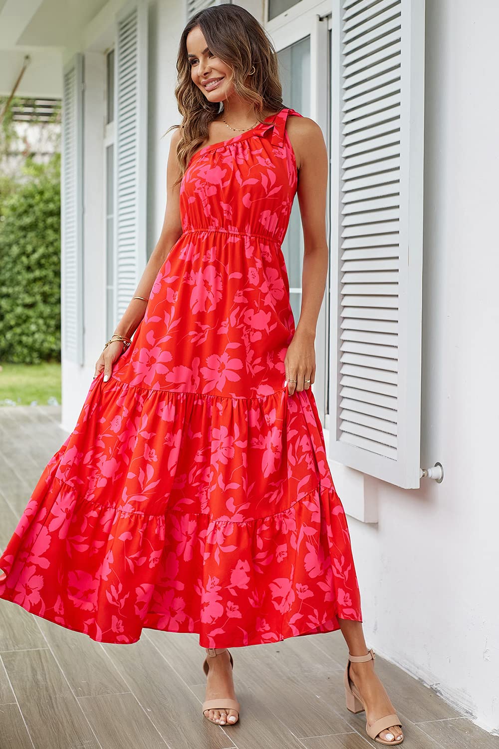 PRETTYGARDEN Women's Summer Floral Maxi Dress Knot One Shoulder Sleeveless Ruffle Flowy Boho Beach Wedding Guest Dresses (Red Floral,Medium)