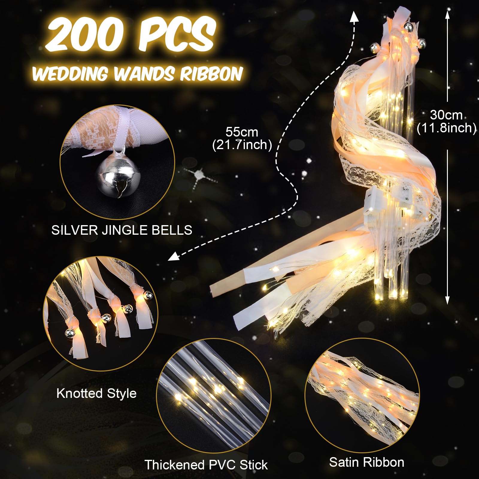 HONLYNE 100 PCS Wedding Wands with Lights,Fairy Wands, LED Silk Fairy Wand with Bells for Wedding Send Off, New Year, Raves, Concert, Birthday