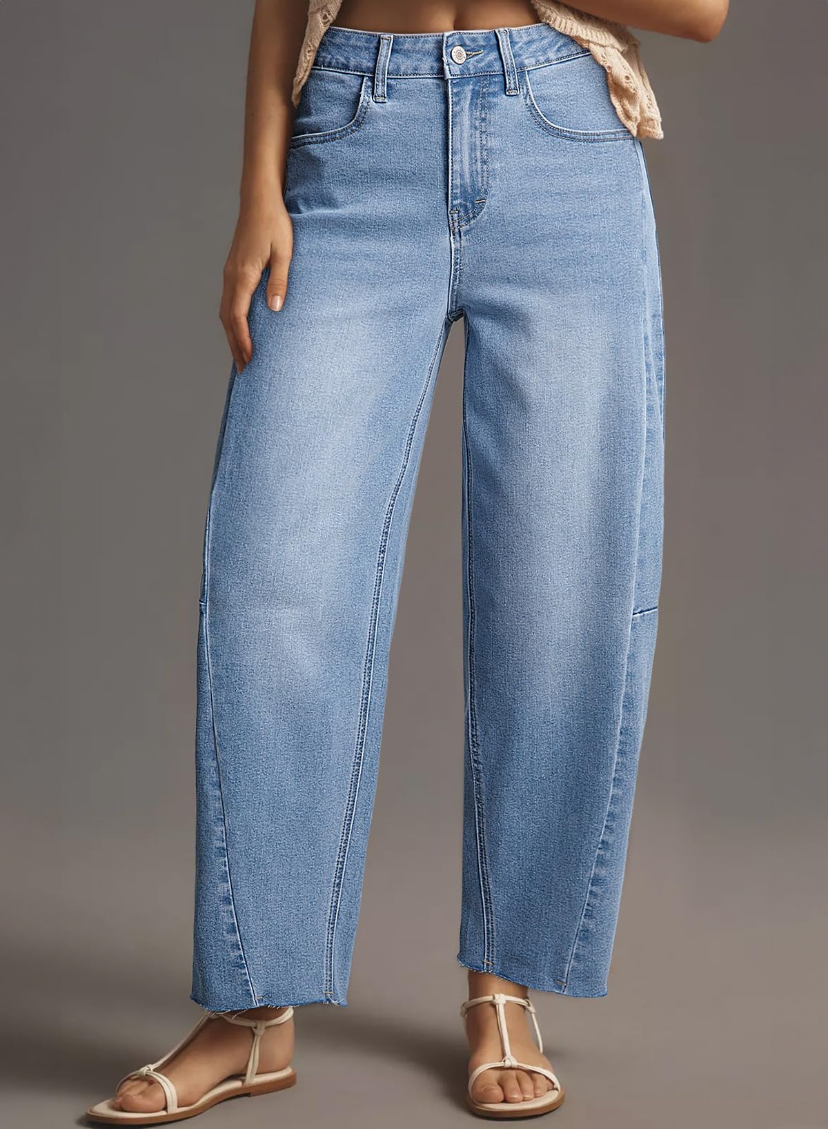 Dokotoo Women's Fashion Barrel Jeans Baggy Wide Leg Jeans Woman Casual Loose Solid Stretchy High Waisted Denim Pants with Pockets Lightweight Cotton Raw Edge Hem Button Closure Trousers Blue Size 10