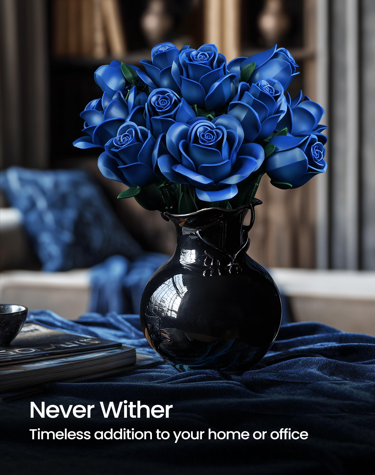iATOM Blue Rose Bouquet Building Set, 12Pcs Flowers Botanical Collection for Adults, Valentine's Day Gift for Her/Girlfriend/Mom/Wife/Couple, Vintage Home Office Table Centerpiece Decor Aesthetic