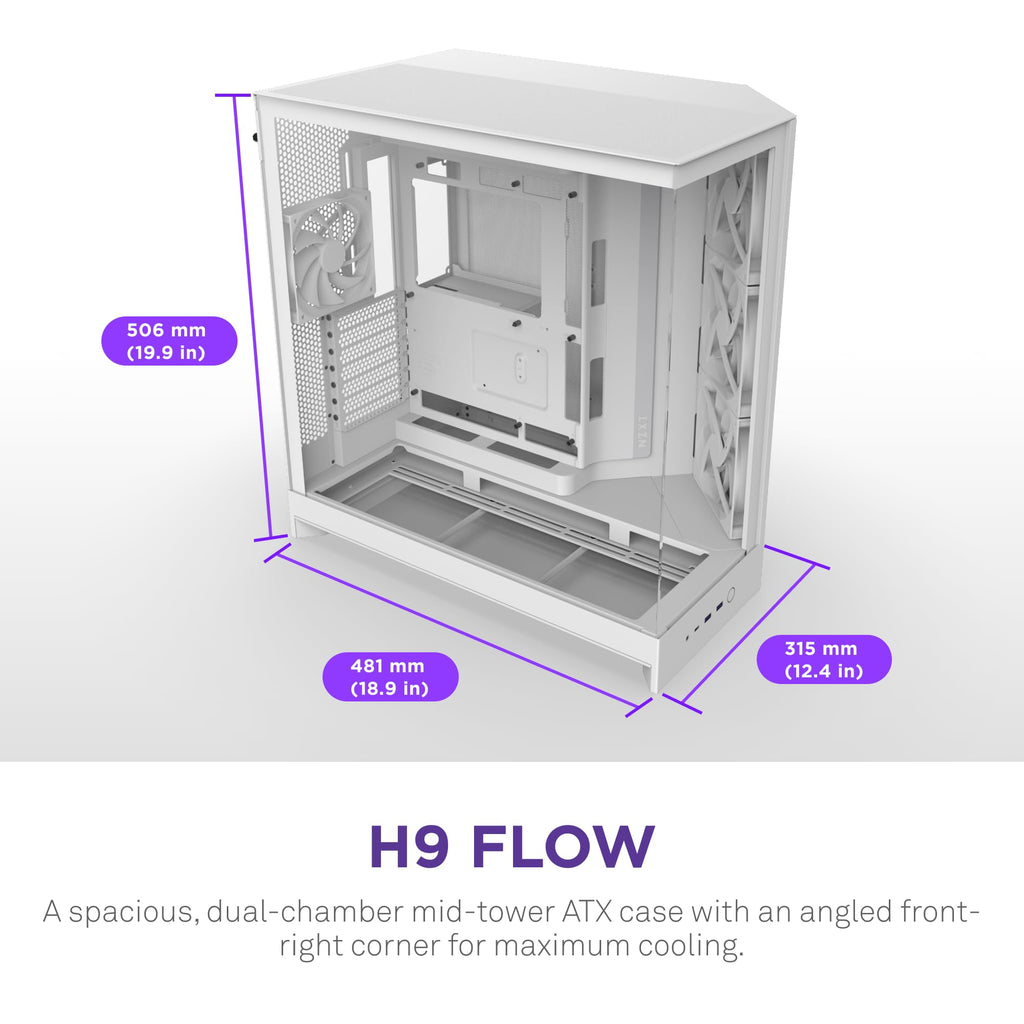 NZXT H9 Flow (2025) – Large Dual-Chamber ATX Mid-Tower Airflow PC Case – Includes 3 x 140mm & 1 x 120mm Fans – 420mm Radiator Support – Tempered Glass – Back-Connect Ready – White