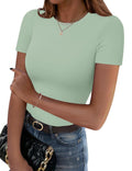 Zeagoo Women Crewneck Slim Fitted Short Sleeve T Shirts Cute Stretchy Bodycon Basic Tee Tops Light Green