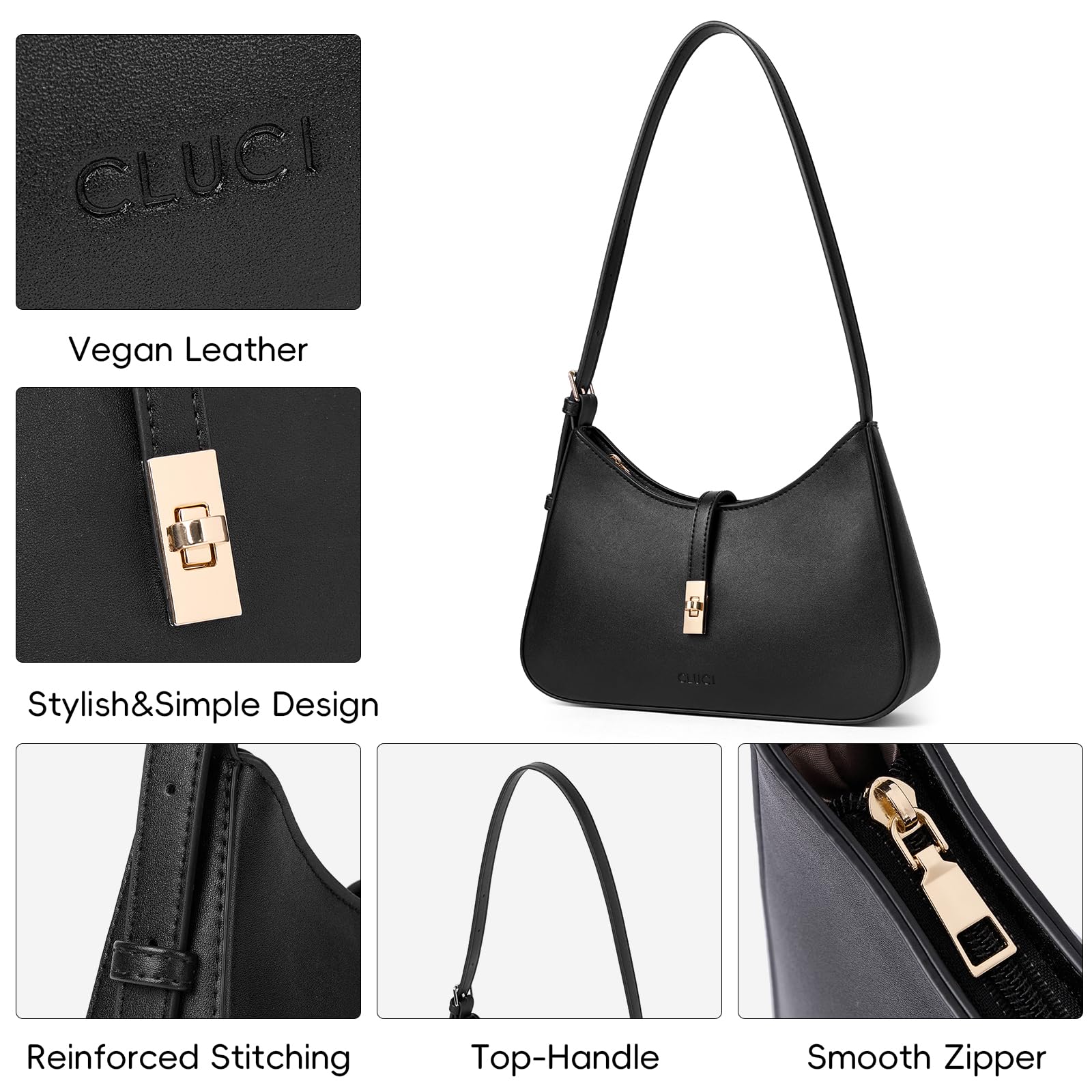 CLUCI Shoulder Bag for Women, Purses for Women, Handbag Hobo Bags Vegan Leather Crossbody Purse with Adjustable Strap Black