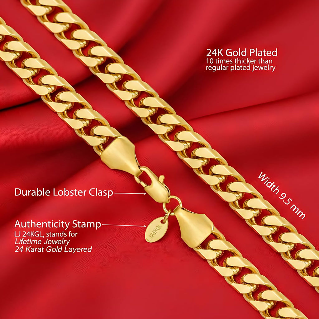 LIFETIME JEWELRY Miami Curb Square Cut Cuban Link Chain Necklaces 24k Gold Plated (5mm & 9.5mm) (24 inches, 9.5mm, Gold)