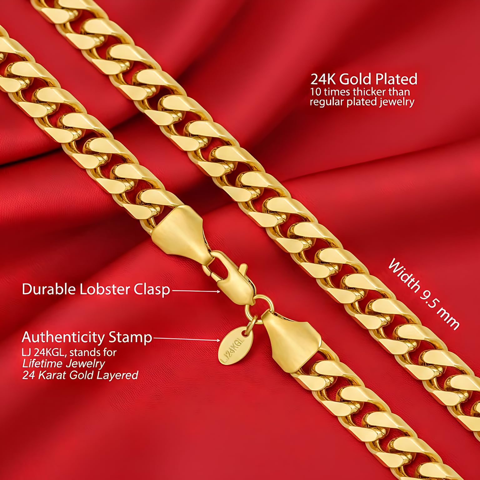 LIFETIME JEWELRY Miami Curb Square Cut Cuban Link Chain Necklaces 24k Gold Plated (5mm & 9.5mm) (24 inches, 9.5mm, Gold)