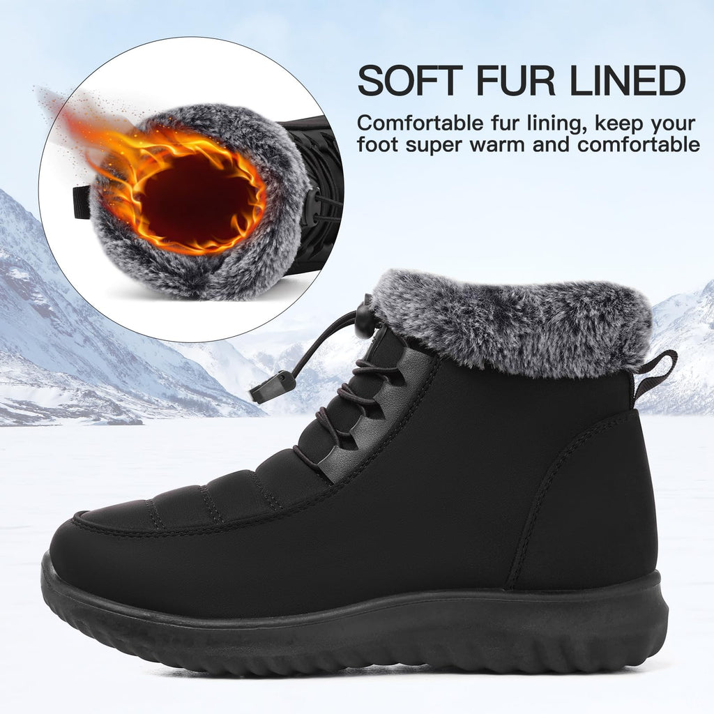 SHIBEVER Winter Boots for Women Snow: Black Fur Lined Warm Ankle Boots - Cold Weather Water Resistant Outdoor Zipper Snow Shoes Size 9