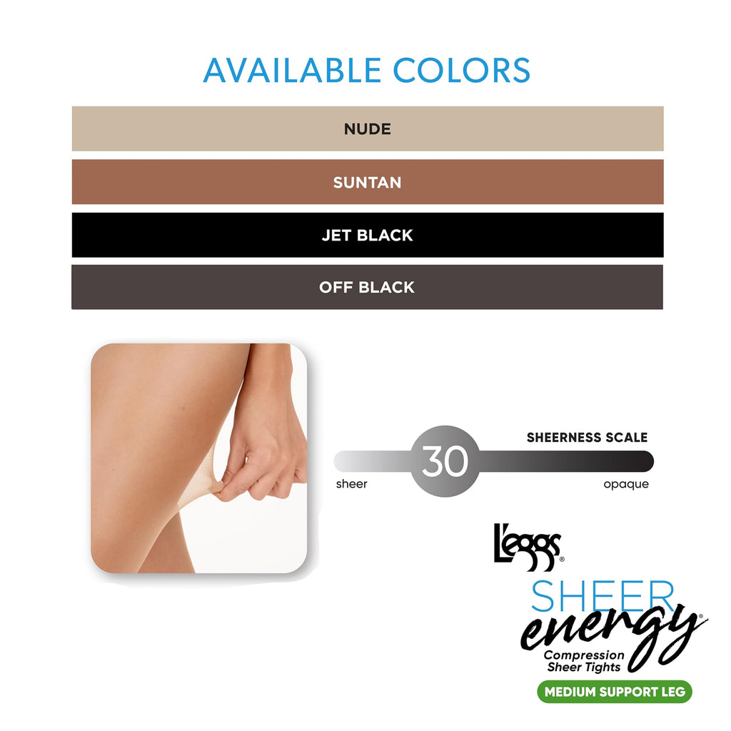 L'eggs Sheer Energy Medium Support Women's Compression Tights, Control Top, Sheer Toe, Nude, Size Q+ (Pack of 3)