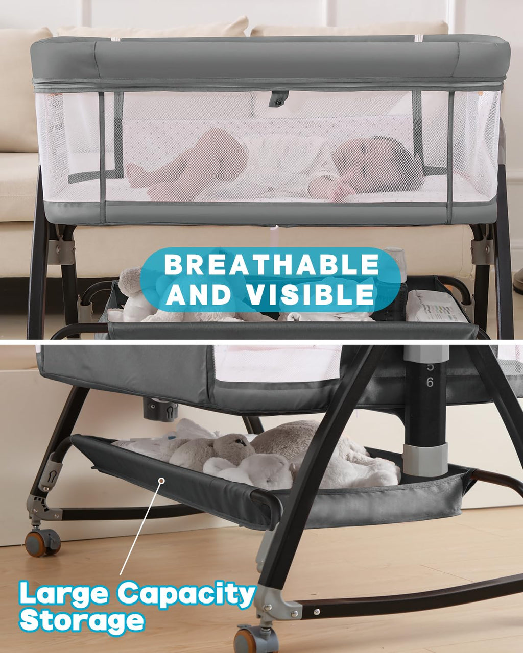 wayfong Baby Bassinet, Bassinet Bedside Sleeper with Wheels, Breathable Mesh Bedside Bassinet for Baby, Mosquito Net, Storage Basket, 6 Height Adjustable, Easy to Assemble