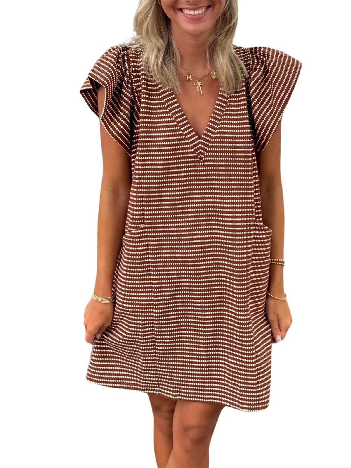 Mieazom Striped V-Neck Mini Dress for Women Puff Sleeve Casual Dress with Pockets, Comfortable & Stylish for Summer Brown-White Stripes XL