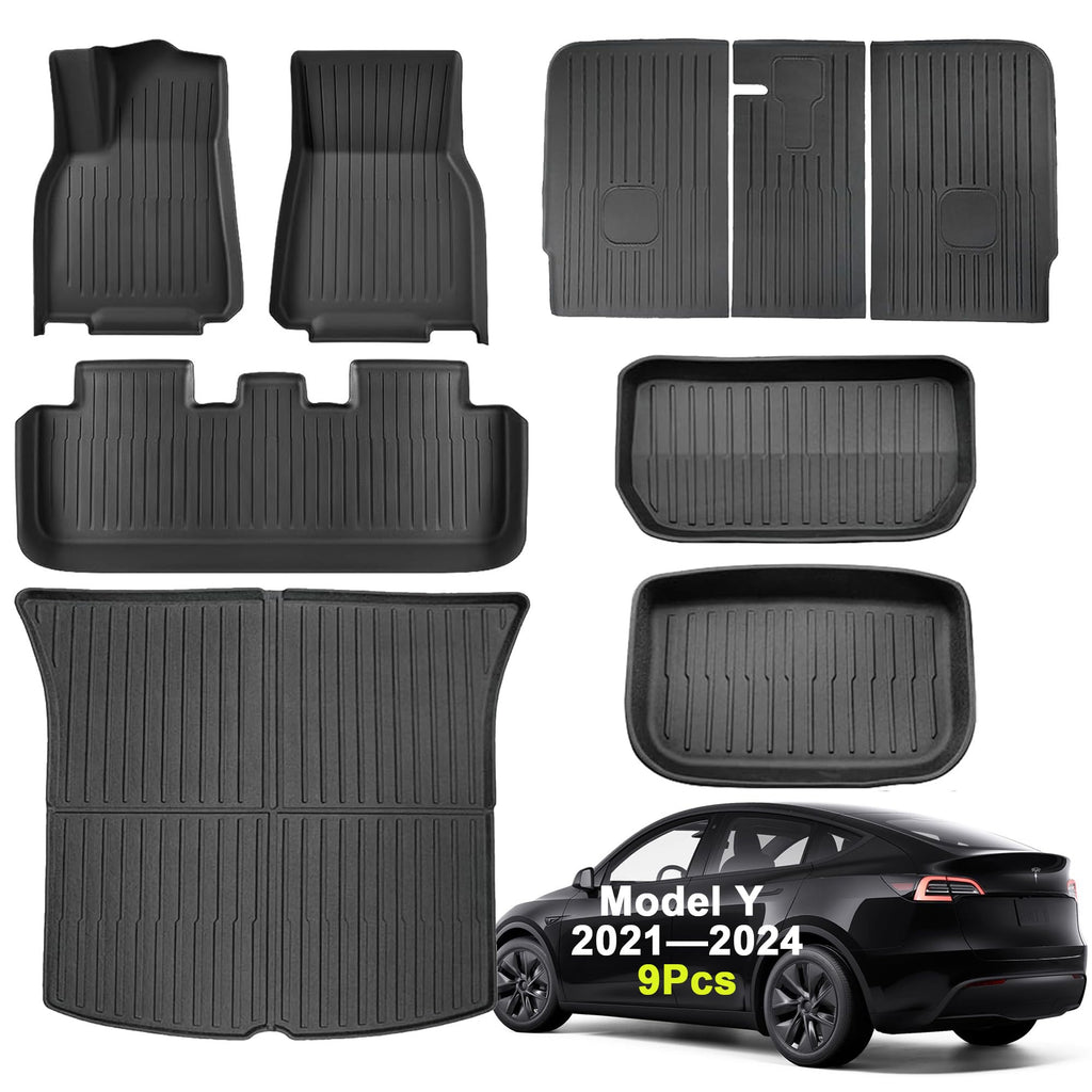SUPER LINER Tesla Model Y Floor Mats 2021-2024 | Custom Fit All-Weather 9-Piece Set TPE Material |Full Coverage Floor Mats Back Seat Protector, Cargo Liner, Trunk & Interior Accessories