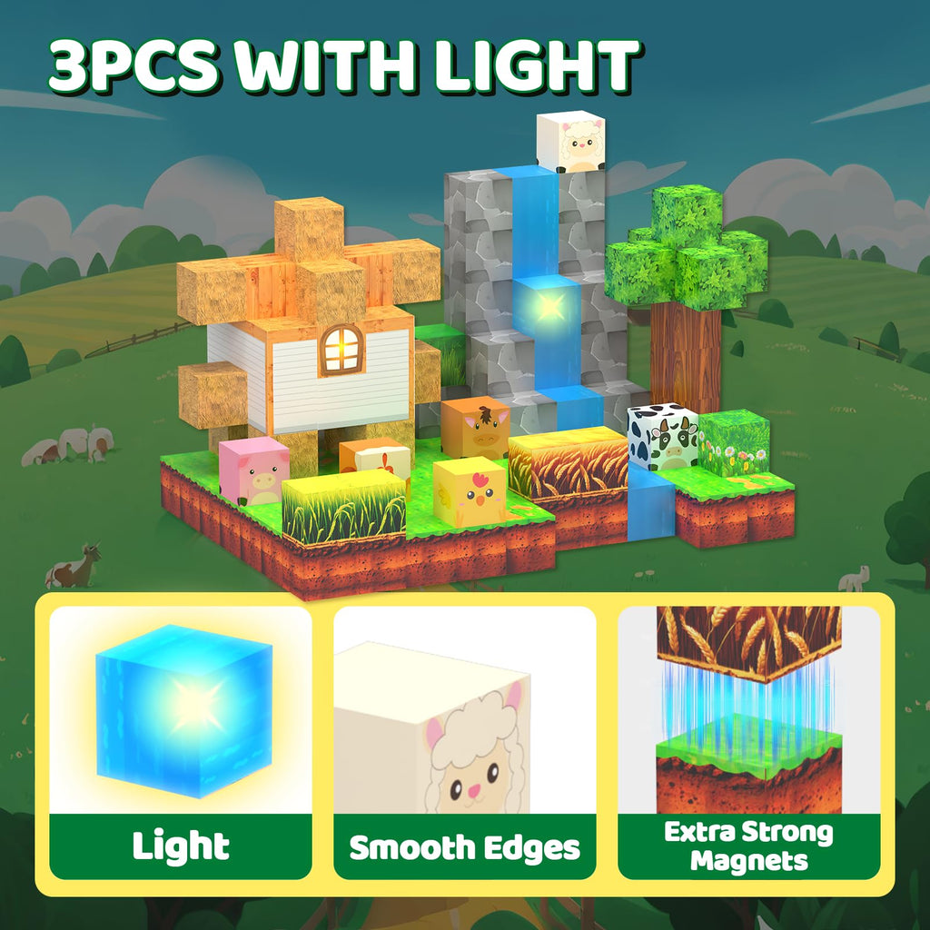 Magnetic Blocks - 138 PCS Building Blocks Set with 3 Light-Up Blocks, STEM Construction Cubes Toys for Kids 4-8, Toddler Sensory Stacking Toys, Christmas Birthday Gift for Boys and Girls Ages 3+
