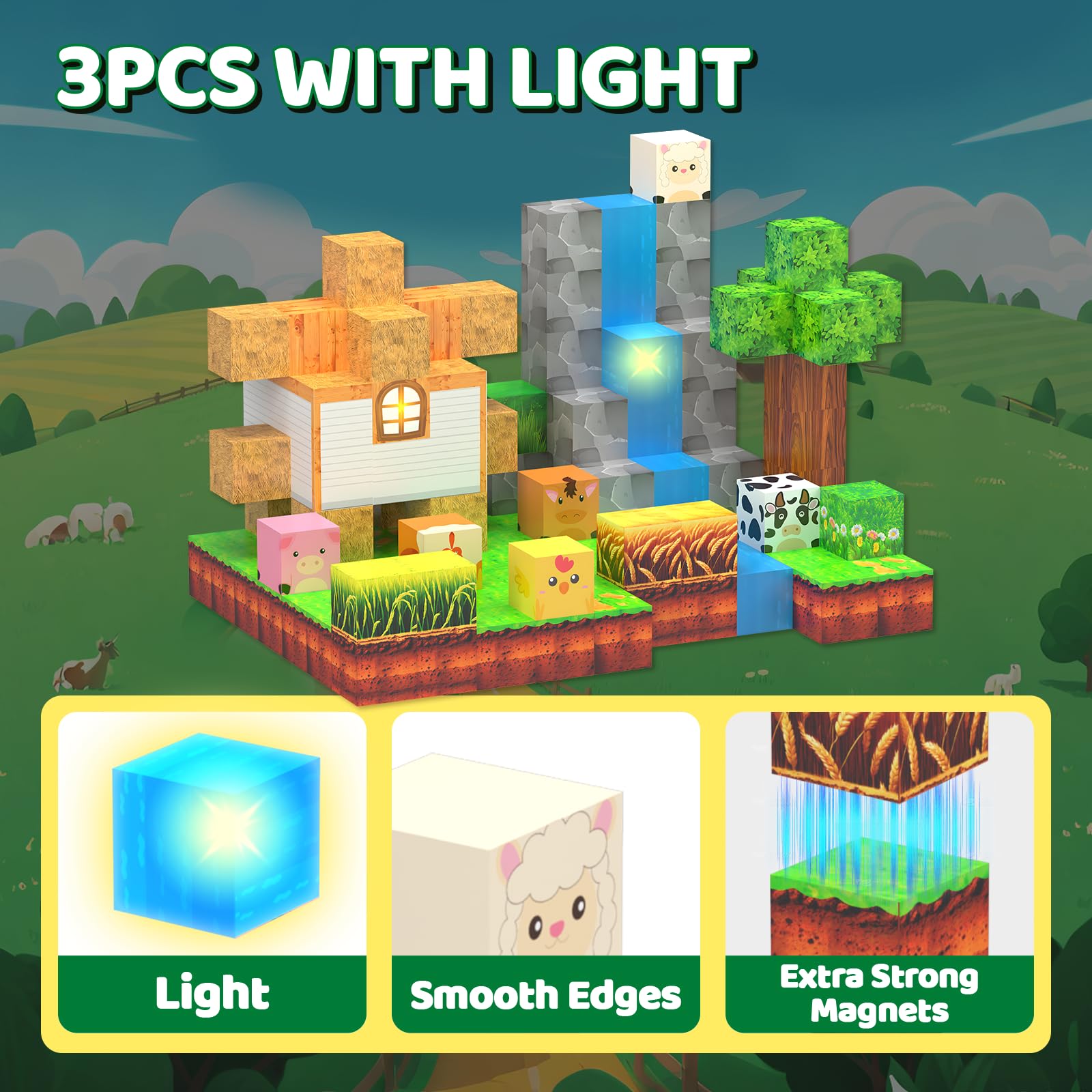 Magnetic Blocks - 138 PCS Building Blocks Set with 3 Light-Up Blocks, STEM Construction Cubes Toys for Kids 4-8, Toddler Sensory Stacking Toys, Christmas Birthday Gift for Boys and Girls Ages 3+