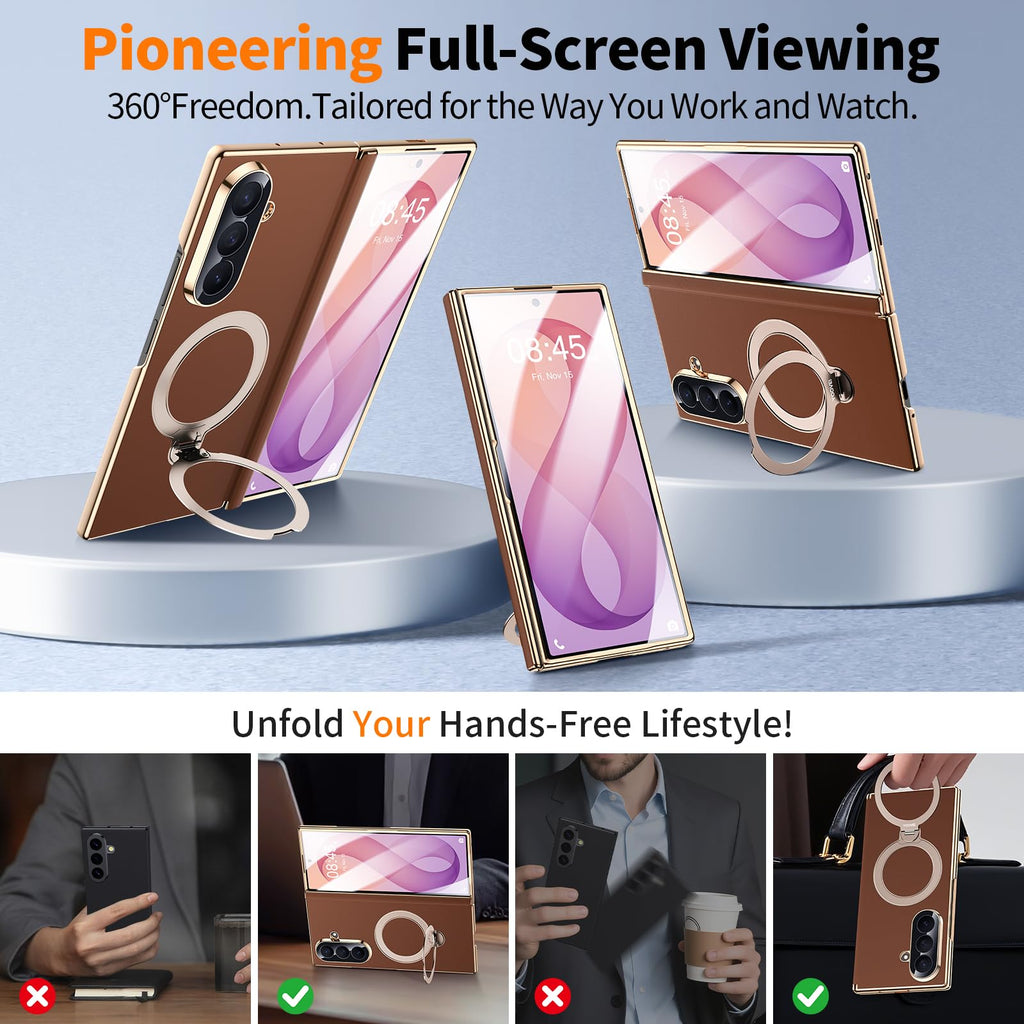 YOOVEI Magnetic for Samsung Galaxy Z Fold 8 Ultra Case Luxury Leather [Hinge Protection] Built-in [Screen Protector] [Fit for MagSafe] Zfold 8 Ultra Case with Kickstand & Ring Holder,Brown