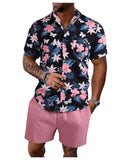 GORGLITTER Men's Vacation Beach Cruise Summer Outfits 2 Piece Shorts Set Hawaiian Button Down Shirt and Shorts Black and Pink Floral Large