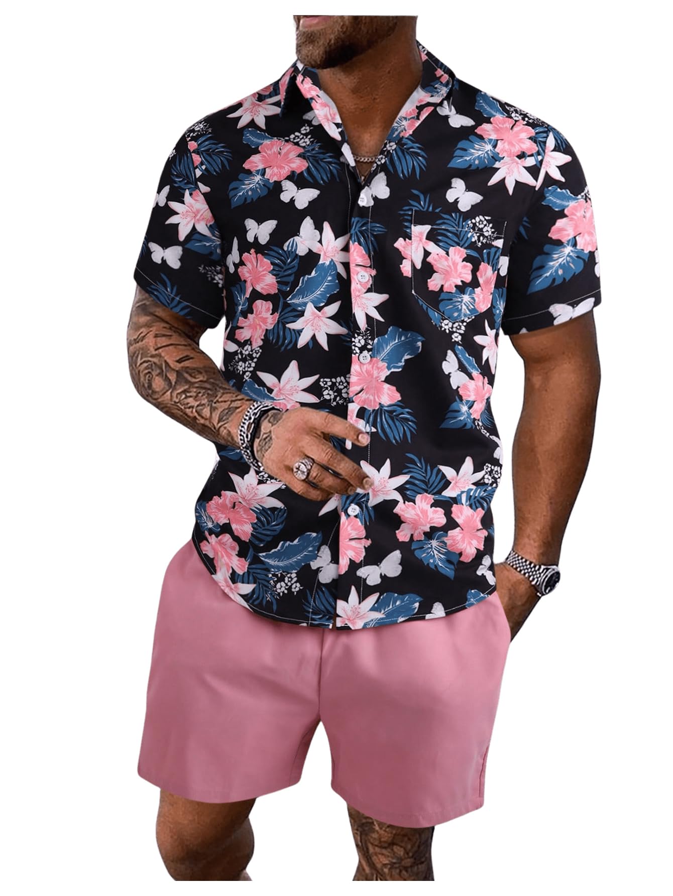 GORGLITTER Men's Vacation Beach Cruise Summer Outfits 2 Piece Shorts Set Hawaiian Button Down Shirt and Shorts Black and Pink Floral Large