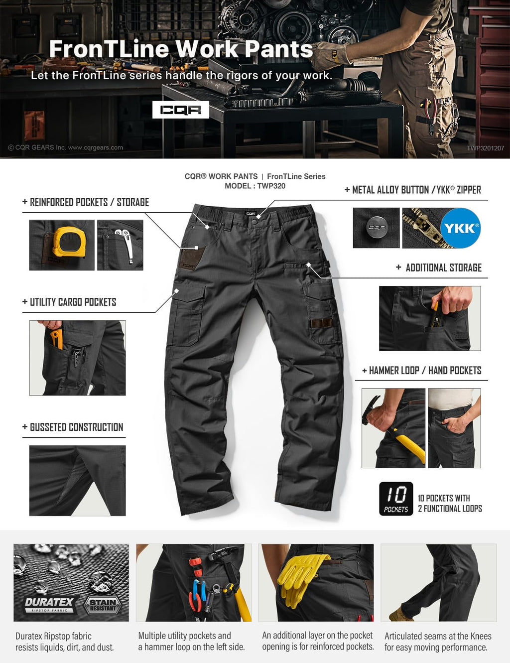 CQR Men's Quick Dry Work Pants, Water Resistant Outdoor Tactical Pants, Lightweight Stretch Cargo Hiking Pants, Work Pants Black, 36W x 32L