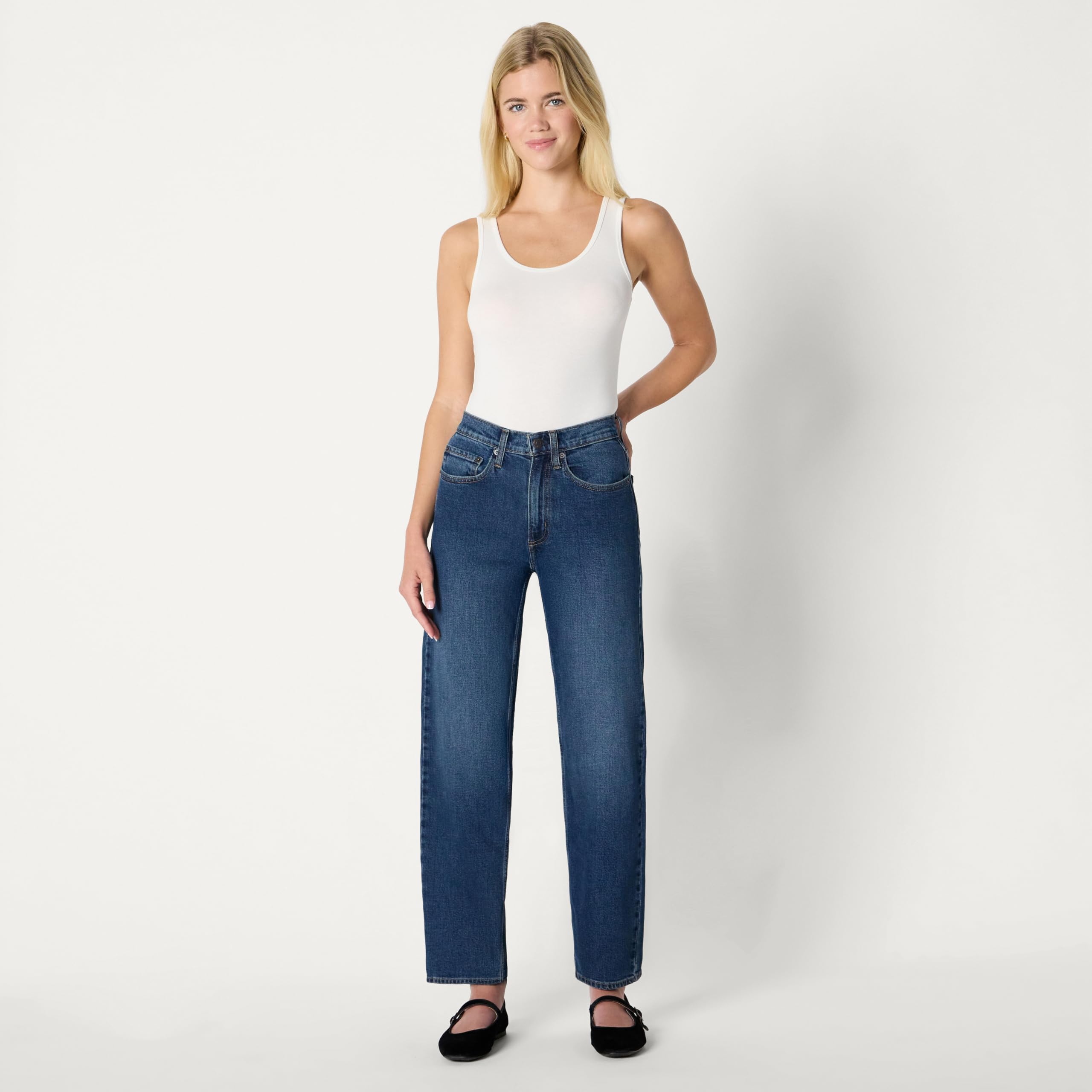 Amazon Essentials Women's Women's Low Stretch High-Rise Barrel Leg Jean, Stone Dark Wash, 10