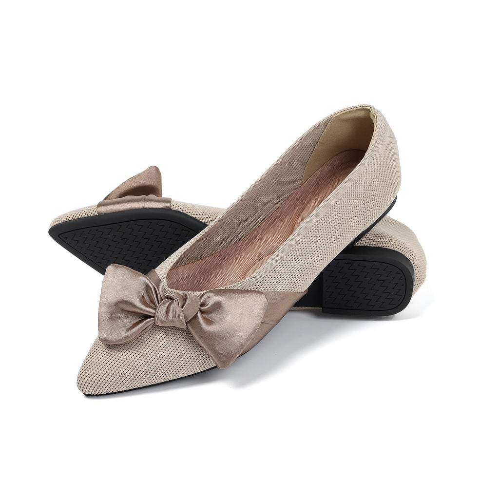 Semwiss Pointed Toe Ballet Flats for Women Slip On Comfortable Flats with Bow Dressy Casual Work Shoes Beige Size 8