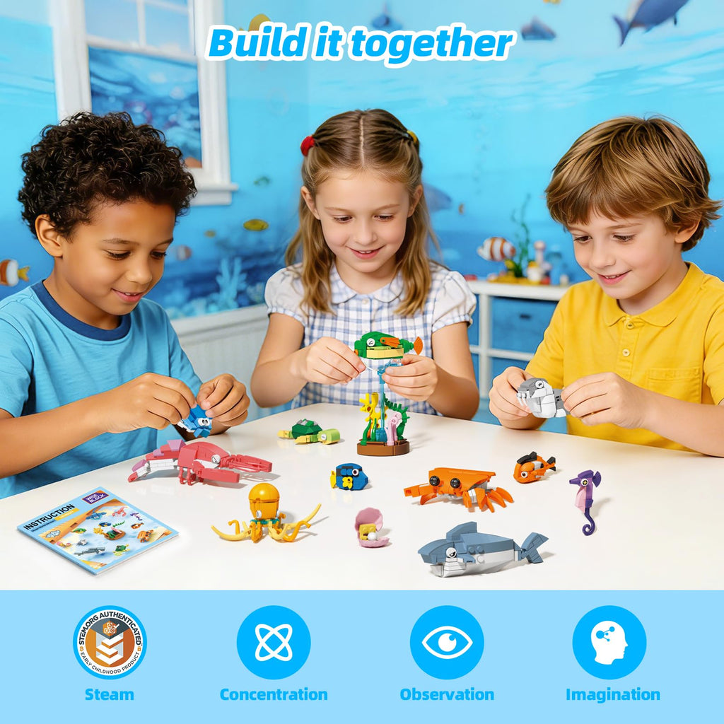 Wise Block Ocean World Building Set, 556 Pcs Sea Animals Building Toy, Educational STEM Learning Toys Party Favors for Girls Boys, Ages 4+, Birthday Gift Toddler Beach Toy with Shark, Turtle, Fish