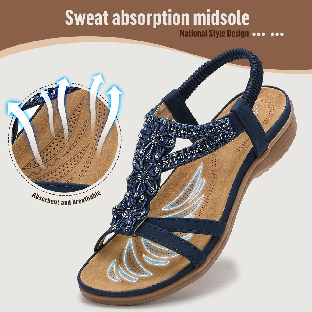 Littleplum Sandals for Women Arch Support Women's Summer Fashion Non Slip Beach Sandals Comfort Comfortable Walking Orthopedic Bohemian Flip Flops Womens Sandals Blue Size 9