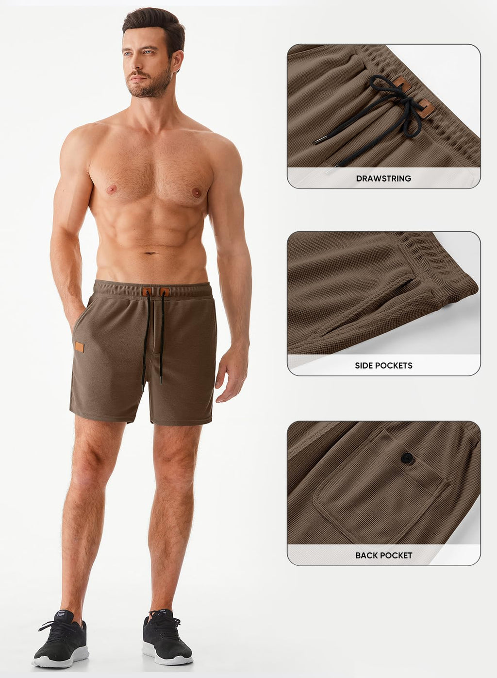 JMIERR Mens 5 Inch Shorts Summer Casual Waffle Stretch Waist Drawstring Shorts Lightweight Basketball Running SweatShorts, L,Light Brown
