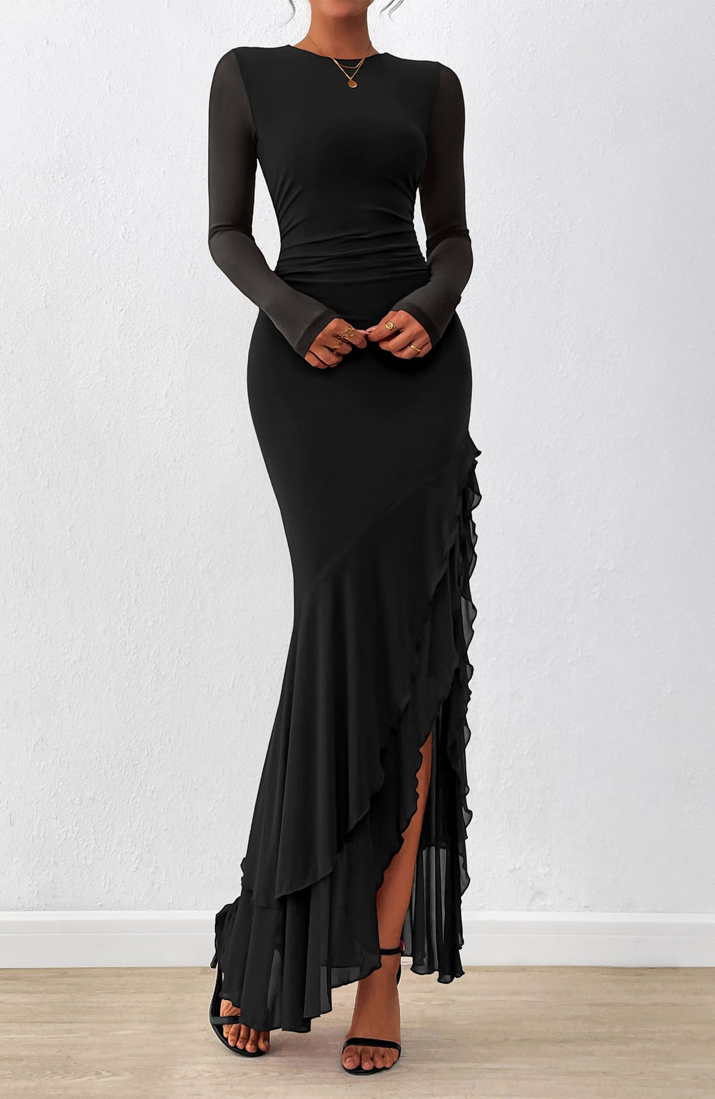 BTFBM Women's Maxi Dresses Spring 2026 Long Sleeve Ruched Bodycon Solid Ruffle Mermaid Cocktail Wedding Guest Dress(Black,Large)