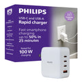 Philips USB C Fast Charger, 100W, 4-Ports, 3 USB-C, 1 USB-A, Foldable Plug