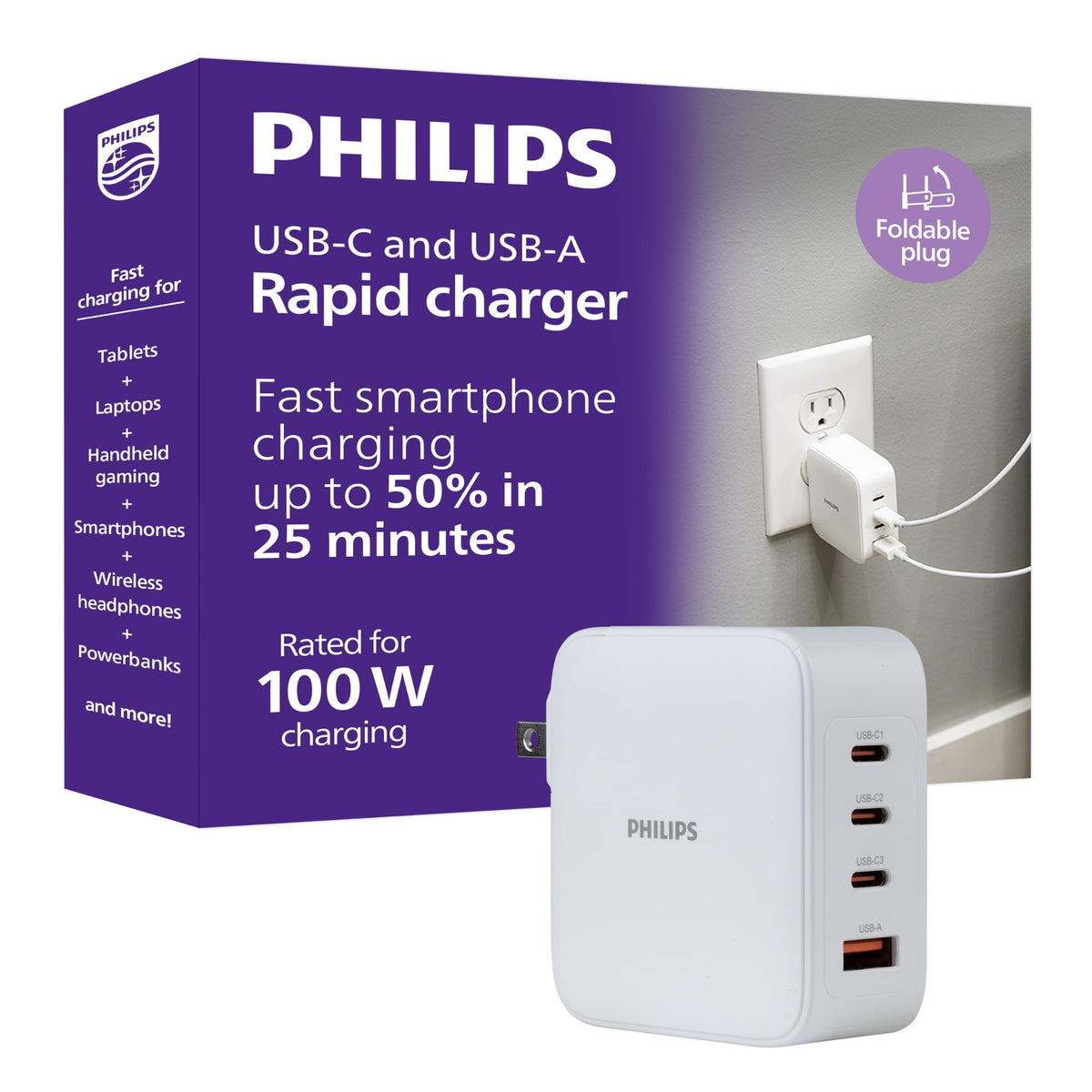 Philips USB C Fast Charger, 100W, 4-Ports, 3 USB-C, 1 USB-A, Foldable Plug