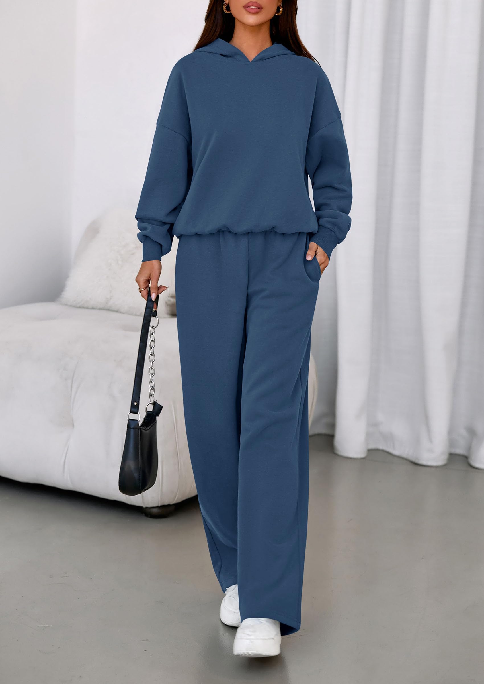 PRETTYGARDEN Womens Sweatsuits 2 Piece Set 2026 Casual Winter Long Sleeve Hoodie Loose Wide Leg Sweatpants Fall Tracksuit (Grey Blue,Medium)