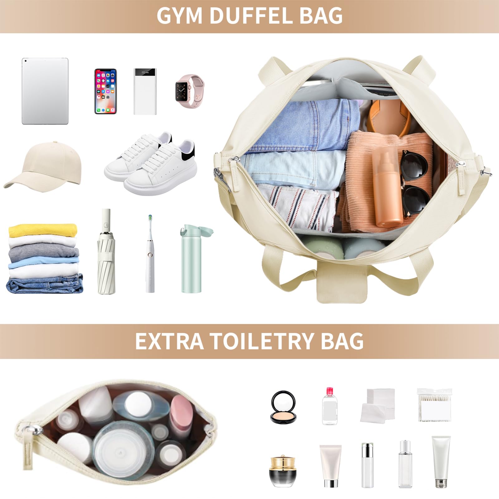 ETRONIK Gym Bag for Women, Personal Item Travel Bag with Shoes Compartment, Weekender Overnight Duffel Bag with Wet Pocket, Carry On Bag for Women, Travel, Gym, Weekend (Beige)