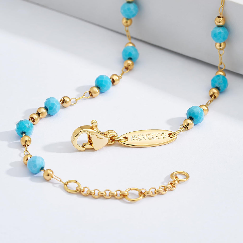 MEVECCO Gold Round Turquoise Beaded Bracelets,14K Gold Plated Handmade Cute Dainty Bracelet for Women