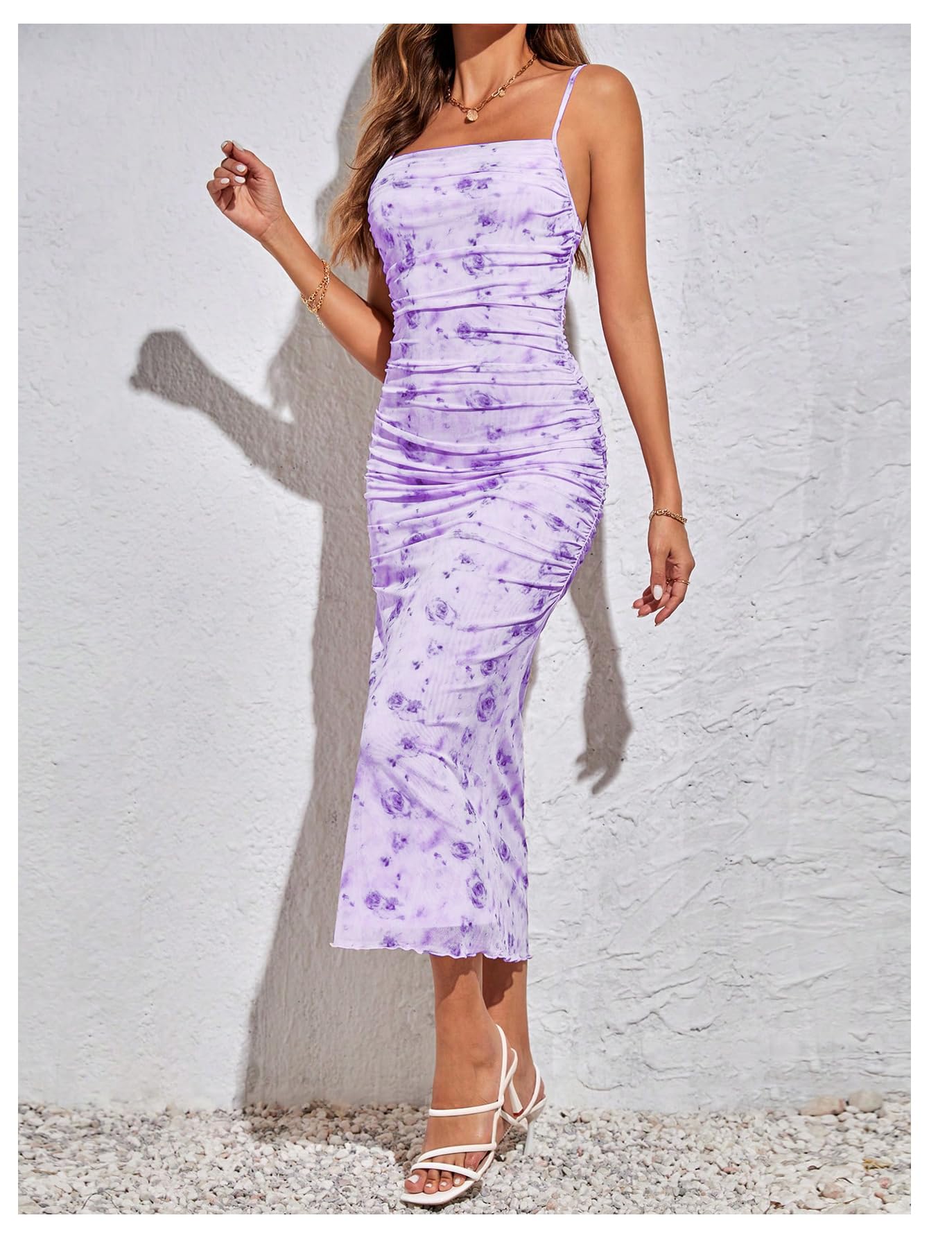GORGLITTER Women's Floral Spring Summer Wedding Guest Dress Bridal Shower Cocktail Tea Party Beach Midi Sun Dress 2026 Mauve Purple Floral Small
