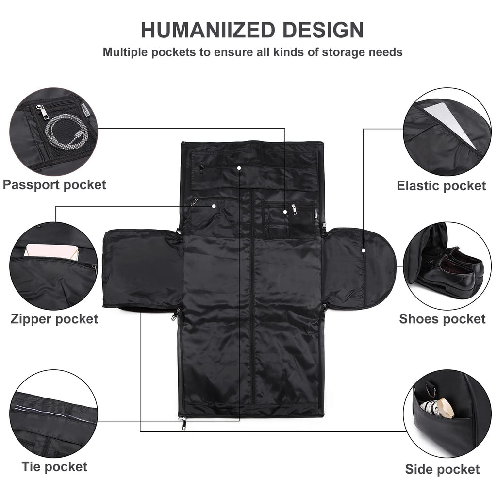 Carry On Garment Backpack, 3 in 1 Waterproof Mens Garment Bag for Travel Business, Leather Duffel Bag with Shoe Compartment -Black