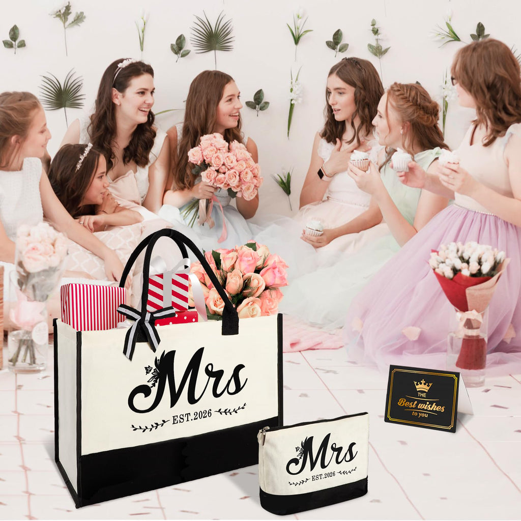 Vanqruo Mrs 2026 Bride Canvas Tote Bag with Makeup Bag, Wedding Gifts for Bridal Shower Bachelorette Party Engagement Honeymoon, Miss to Mrs, Bride to Be Gifts