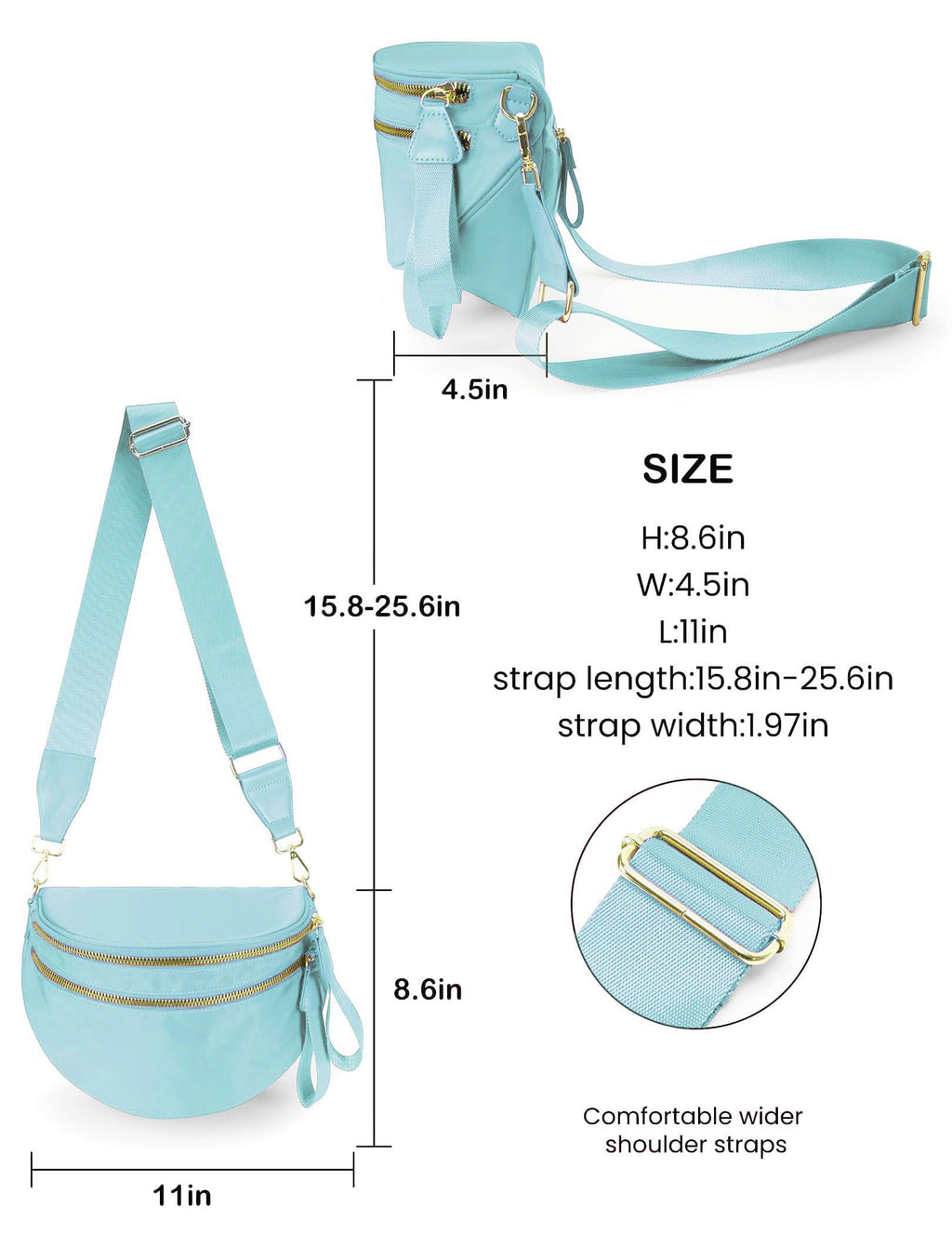 FEIBOON Spacious Nylon Crossbody Bag Bum Bag Handbags Wallets Purses Trendy Shoulder Bag for Women (Ice blue)