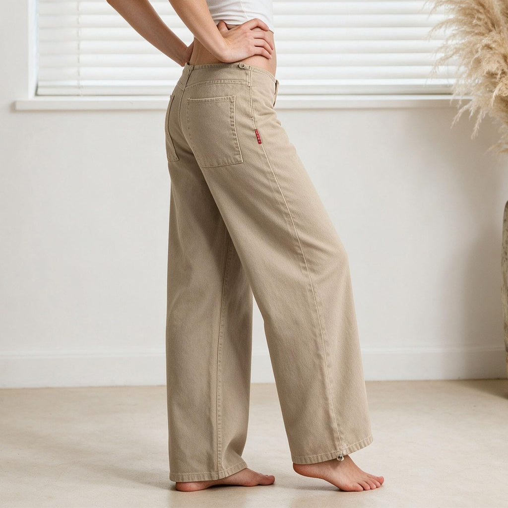Adjustable Low Rise Jeans for Women Baggy Wide Straight Leg Denim Pants