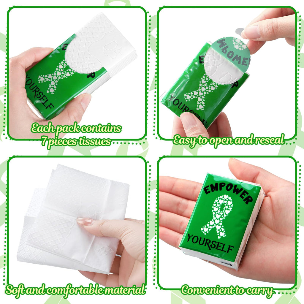 Honoson 60 Pack Mental Health Awareness Tissues Bulk Green Ribbon Mental Health Awareness Month Gifts Favor Travel Pocket Tissue for Charity Event Supplies Volunteer Activities
