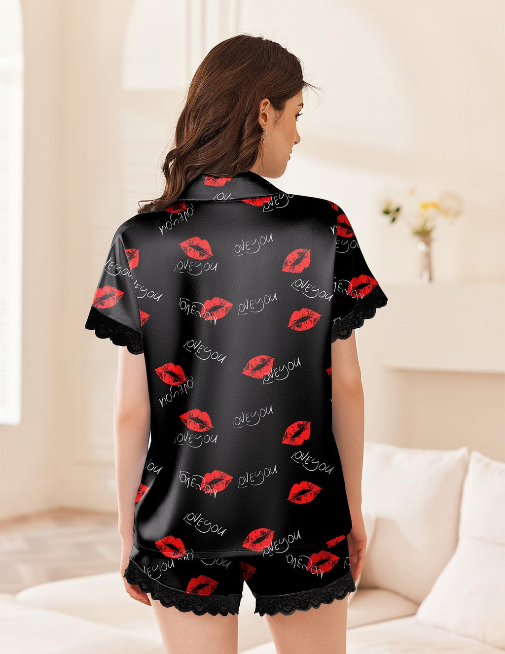 Ekouaer Womens Satin Silk Pajamas Set Button Down Pjs Shorts Set, 2 Piece Lace Sleepwear for Valentines Day Gifts, LOVE YOU Lips, Small