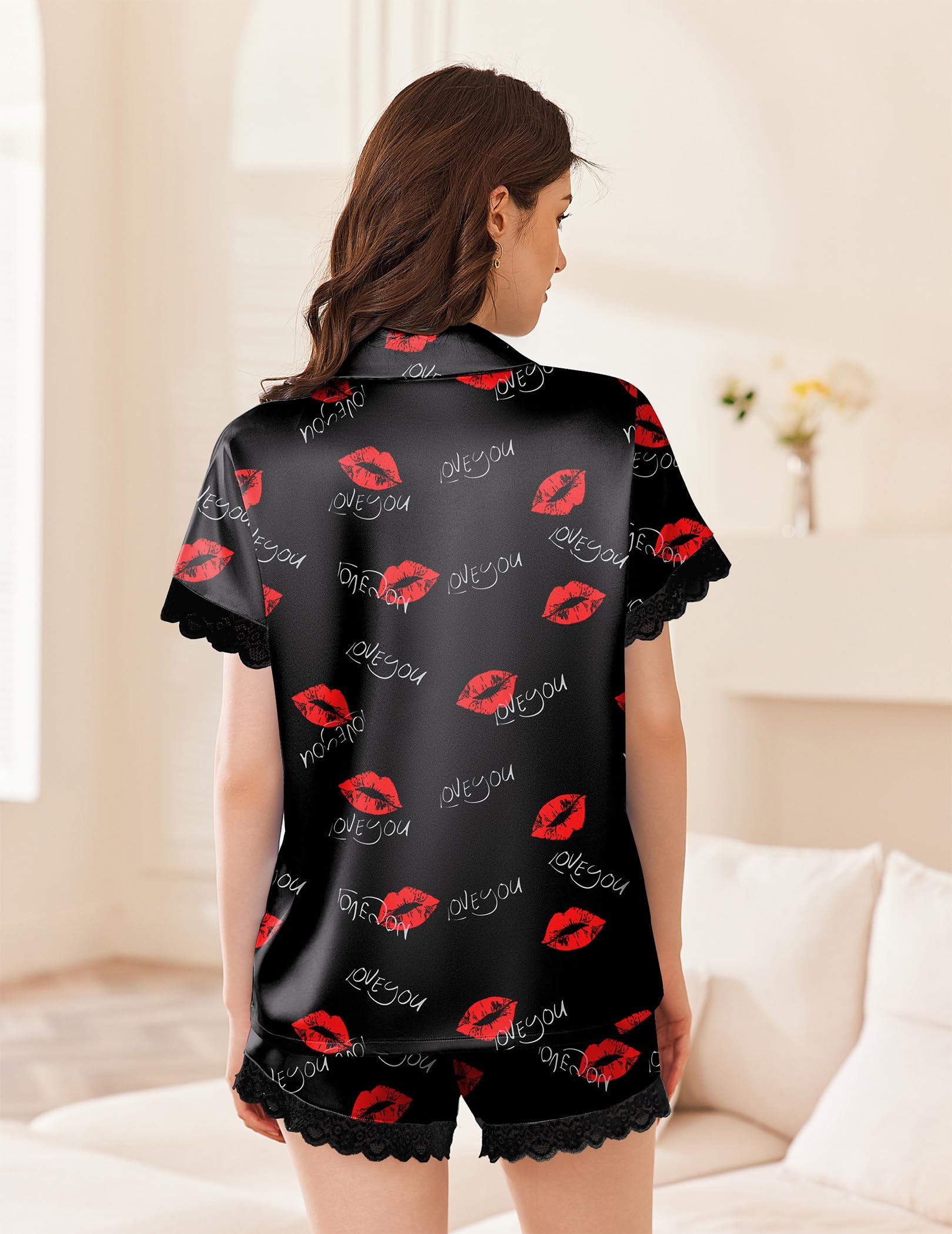 Ekouaer Womens Satin Silk Pajamas Set Button Down Pjs Shorts Set, 2 Piece Lace Sleepwear for Valentines Day Gifts, LOVE YOU Lips, Small