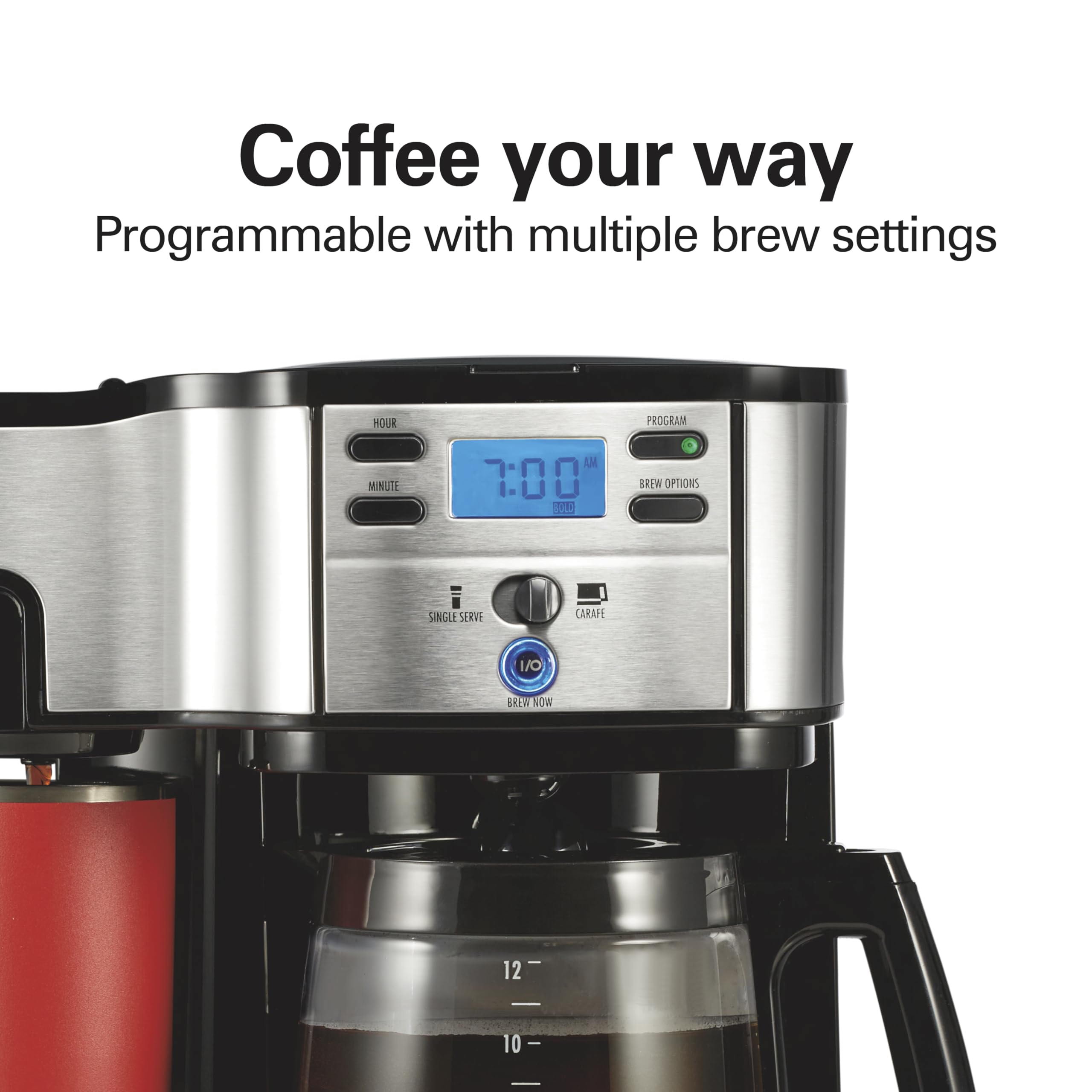 Hamilton Beach 2-Way Programmable Coffee Maker, 12 Cup Glass Carafe And Single Serve Coffee Maker, Black with Stainless Steel Accents, 49980RG